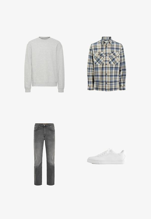 Sweatshirt gris clair avec col rond, manches longues, bords-côtes aux poignets et à l'ourlet, fabriqué en tissu texturé doux. Design simple, sans motifs.; Chemise à carreaux dans des teintes de bleu, beige et marron. Présente deux poches poitrine et des boutons, avec un col et des manches longues. En matériau en coton.; Jean en denim gris avec une coupe droite, design à cinq poches et une finition légèrement délavée. Comprend une fermeture à bouton et à glissière.; Baskets basses blanches avec lacets, dessus en cuir lisse et semelle extérieure en caoutchouc plate, vues de côté sur fond blanc.