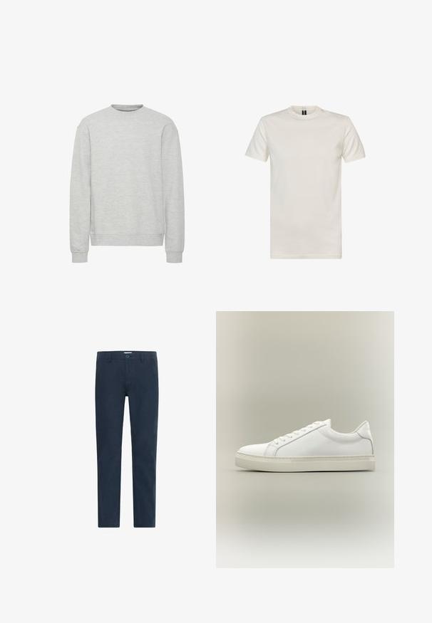 Sudadera gris claro con cuello redondo, mangas largas, puños y dobladillo de canalé, hecha de una tela suave y texturizada. Diseño simple, sin patrones.; Camiseta de cuello redondo de manga corta en algodón color blanco roto. Presenta una textura suave, un ajuste estándar y un diseño minimalista sin estampados.; Chinos de color azul marino fabricados en una mezcla de algodón, con cierre de botón, piernas rectas y una textura suave sin estampados ni acentos.; Zapatilla blanca de perfil bajo con cordones en la parte delantera y suela gruesa, mostrada de lado sobre un fondo neutro.