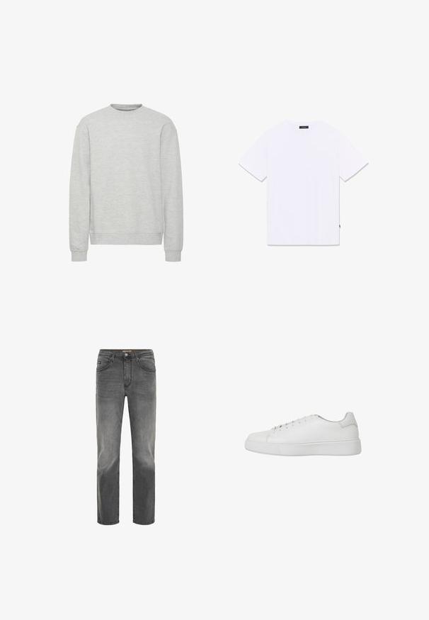 Lyst grå sweatshirt med rund hals, lange ærmer, ribbet kant og bund, lavet af blødt tekstureret stof. Simpelt design, ingen mønstre.; Hvid T-shirt med korte ærmer og rund hals, vist fladt fra bagsiden, med lille sort label ved halsudskæringen og sidesømmen.; Drejede mænds jeans i falmet mørkegrå denim med frontlommer, bæltestropper og knappelukning.; Hvide sneakers lavet af glat læder med afrundet tå, syede detaljer og flad gummisål. Minimalistisk design med snørebånd.