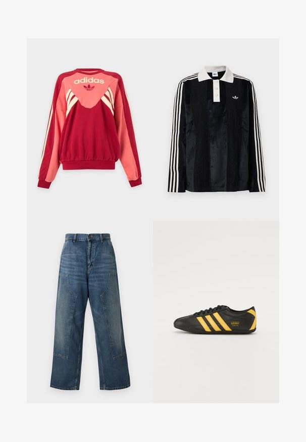 Rød og pink Adidas sweatshirt med lange ærmer, cremefarvede striber, logo og trefoil-symbol på fronten mod en lys baggrund.; Sort fløjl langærmet polo shirt med en hvid ribbestrikket krave, tre knapper, struktureret front og tre hvide striber på hver ærme.; Vidbenede denimjeans i en mediumblå vask med højtaljet pasform og kontrastpaneler. Fremstillet af robust bomuldsmateriale.; Sort lædersportssko med gult tre-stribe design, rund tå, sorte snørebånd og lille logo på siden. Lavprofil silhuet.