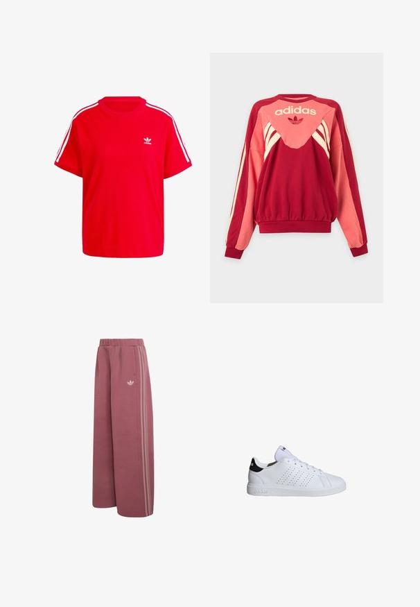 Rode en roze Adidas trui met lange mouwen, crèmekleurige strepen, logo en klaverblad symbool aan de voorkant tegen een lichte achtergrond.; Rode katoenen t-shirt met een ronde halslijn, korte mouwen, witte drie-strepen accenten op de schouders en een klein wit logo op de borst.; Wijdvallende stoffige roze Adidas broek met elastische taille, drie lichtere zijstrepen en een trefoil-logo op het bovenbeen.; Witte sneaker met een gladde afwerking, voorzien van perforaties aan de zijkant, een grijze hielaccent en een platte witte zool. Merkenlogo op de hiel.