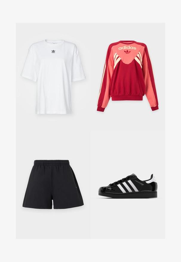 Rode en roze Adidas trui met lange mouwen, crèmekleurige strepen, logo en klaverblad symbool aan de voorkant tegen een lichte achtergrond.; Witte korte mouwen t-shirt van katoen. Voorzien van een ronde hals en een klein zwart Adidas-logo op de borst. Rechthoekige zoom.; Zwarte casual shorts met elastische taille en zijzakken, plat weergegeven tegen een witte achtergrond.; adidas Originals SUPERSTAR II - Sneakers laag - core black/footwear white/gold metallic