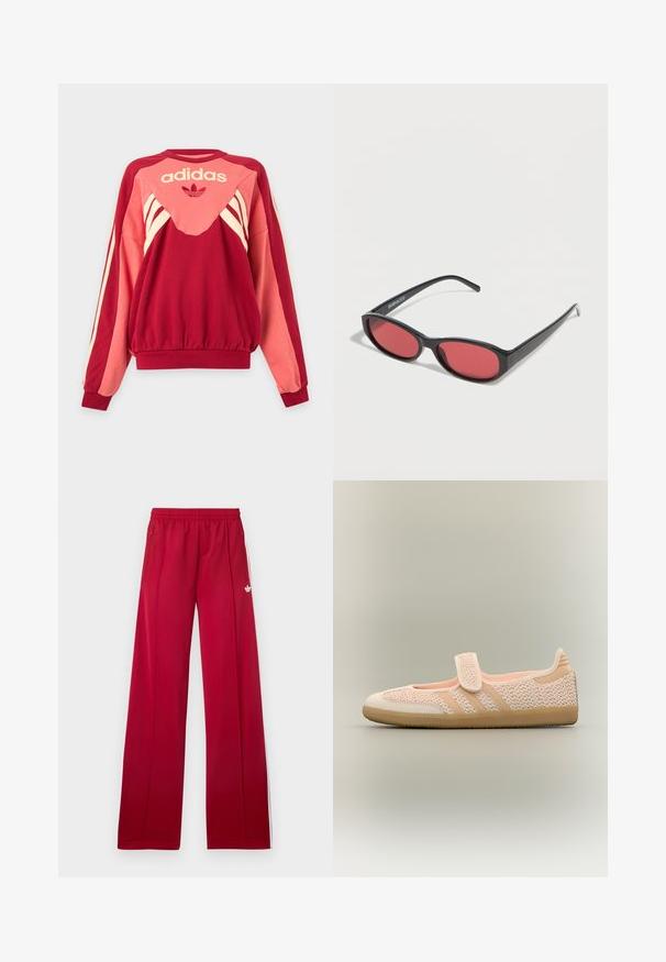 Κόκκινο και ροζ φούτερ Adidas με μακριά μανίκια, κρεμ ρίγες, λογότυπο και σύμβολο τριφυλλιού μπροστά σε ανοιχτό φόντο.; Κόκκινο παντελόνι φόρμας με φαρδιά γραμμή, ελαστική μέση, πλαϊνές τσέπες με φερμουάρ, λευκές ρίγες στα πλαϊνά και μικρό λευκό λογότυπο στο αριστερό μπούτι.; Ανοιχτό ροζ υφασμάτινο παπούτσι Mary Jane με μπεζ περίγραμμα, λουράκι με βέλκρο και καουτσούκ σόλα σε απλό μπεζ φόντο.; Μαύρα οβάλ γυαλιά ηλίου με λεπτούς βραχίονες και κόκκινα φακούς, τοποθετημένα πάνω σε λευκή επιφάνεια.