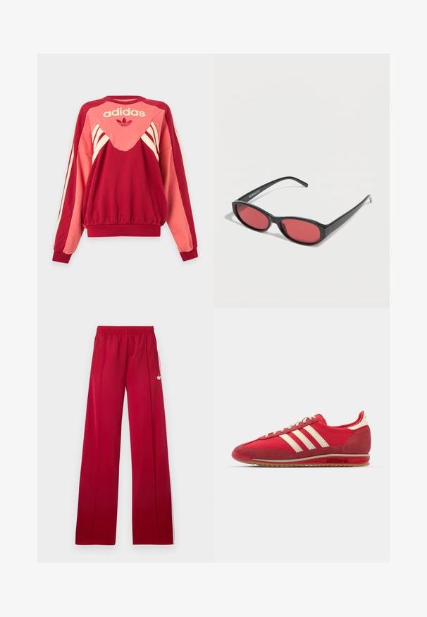 Punane ja roosa Adidas dressipluus pikkade varrukatega, kreemikate triipudega, logoga ja kolmelehe sümboliga esiküljel heledal taustal.; Punased laia lõikega jooksupüksid elastse vööga, külgedel lukuga taskud, valged triibud külgedel ja väike valge logo vasakul reiel.; Punane sportlikki king, millel on tekstuuriga ülemine osa, kolm valget triipu, ümmargune varvas ja kummist tallaga, millel on logo detailid küljel.; Mustad ovaalsed päikeseprillid õhukeste kätega ja punase tooniga läätsedega, mis puhkavad valgel pinnal.