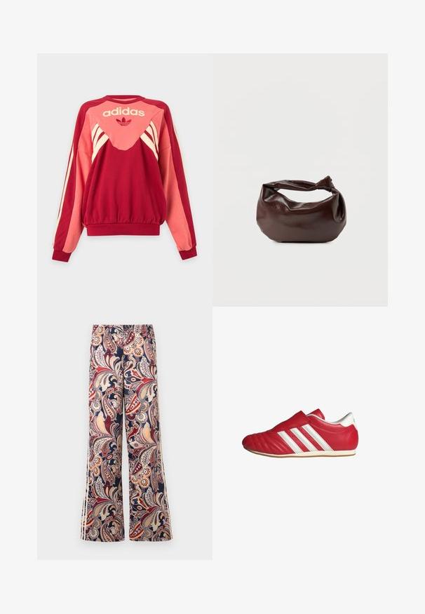 Punane ja roosa Adidas dressipluus pikkade varrukatega, kreemikate triipudega, logoga ja kolmelehe sümboliga esiküljel heledal taustal.; Laiade säärega püksid elastse vöökohaga, millel on värvikas paisleümuster punastes, beežides, tumesinistes ja oranžides toonides.; Punane nahast spordijalats ümara kärgiga, tekstuuriga pealispind, valged küljeribad ja Velcro rihm. Lame kummisele, et tagada haardumine.; Tumepruunast nahast õlakott, pehme ja lõdva vormiga, keeratud sõlme tüüpi sangaga, valgel ühevärvilisel taustal.