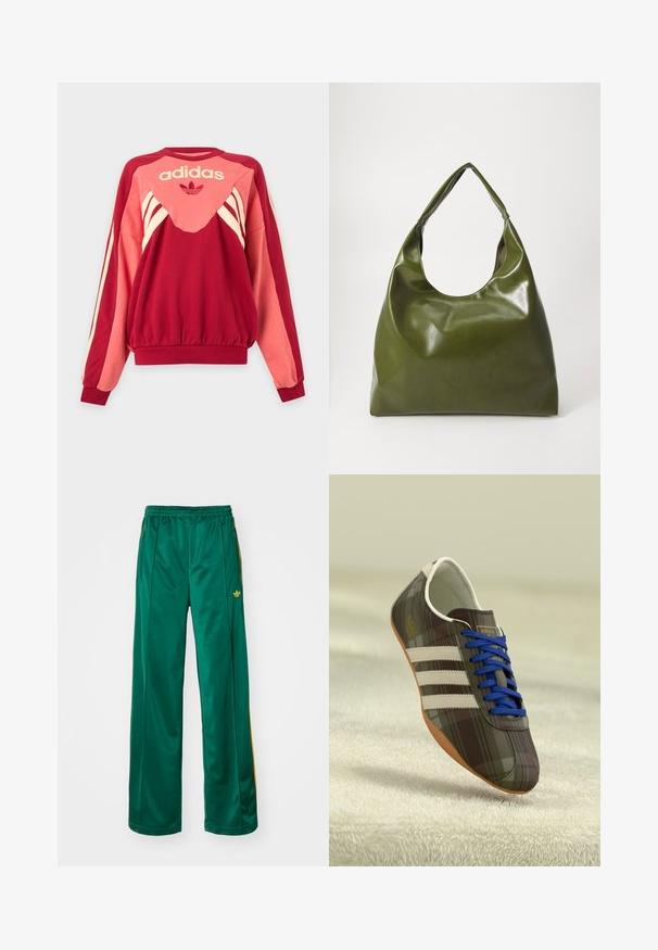 Punane ja roosa Adidas dressipluus pikkade varrukatega, kreemikate triipudega, logoga ja kolmelehe sümboliga esiküljel heledal taustal.; Rohelised satiinist sportlikud püksid, millel on mugav lõige, kollaste triipudega aktsentides ja vasakul küljel tikandiga logo. Elastne vöökoht.; Pruunist ruudulisest kangast sportlikud kingad siniste paeltega, kolm valget triipu ja siledat pinda, millel on helesinine kummitald.; Roheline nahast hobo-kott, millel on laisk disain, kumer käepide ja sile tekstuur. Ei sisalda nähtavaid riistade ega aksessuaare.