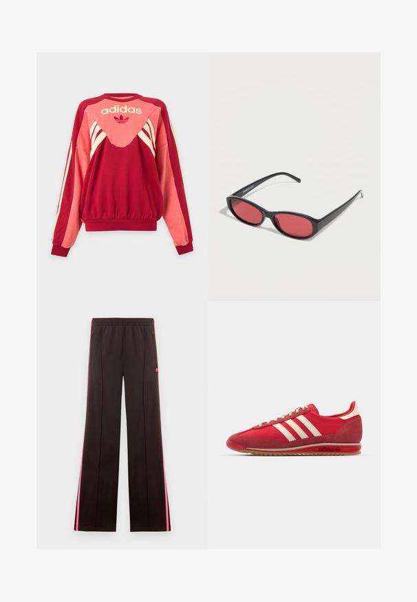 Sudadera Adidas roja y rosa con mangas largas, rayas crema, logo y símbolo de trébol en el frente sobre un fondo claro.; Pantalones deportivos negros con franjas laterales rosas, cintura elástica, bolsillos con cremallera y logo de Adidas en el muslo izquierdo.; Zapatilla deportiva roja con parte superior texturizada, tres rayas blancas, puntera redonda y suela de goma con detalles del logo en el costado.; Gafas de sol ovaladas negras con varillas delgadas y lentes tintados de rojo descansando sobre una superficie blanca.