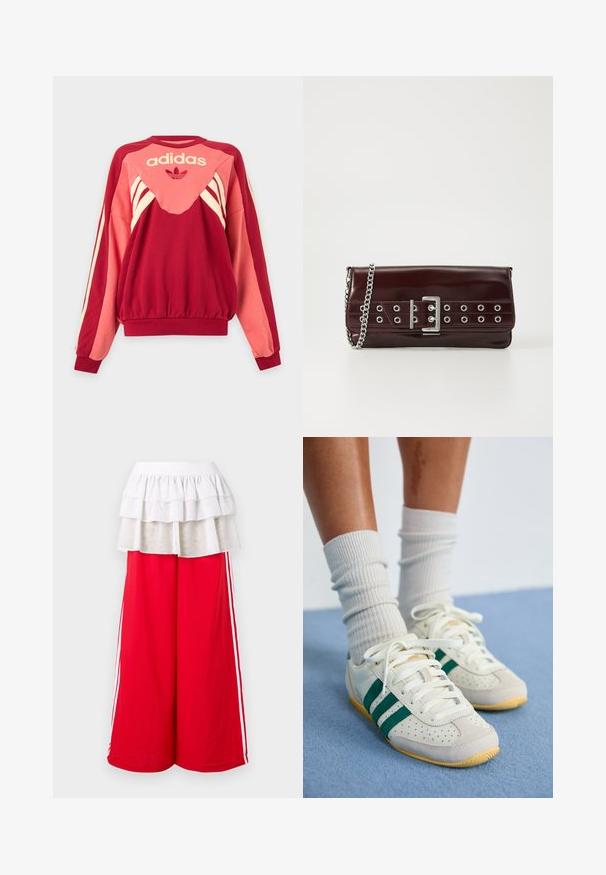 Κόκκινο και ροζ φούτερ Adidas με μακριά μανίκια, κρεμ ρίγες, λογότυπο και σύμβολο τριφυλλιού μπροστά σε ανοιχτό φόντο.; Κόκκινο παντελόνι με φαρδύ πόδι και λευκές ρίγες στο πλάι, με επικάλυψη από λευκές βολάν σε στρώσεις. Ελαστική μέση για άνεση. Μαλακή υφή υφάσματος.; Πόδια με λευκά αθλητικά παπούτσια με πράσινες ρίγες και λευκές ριμπ πλεκτές κάλτσες που στέκονται σε ένα ανοιχτό μπλε χαλί.; Μπέργουντι ψεύτικη δερμάτινη τσάντα χεριού με ασημένια αλυσίδα, διαθέτοντας σχέδιο με αγκράφα και μεταλλικά κουμπιά κατά μήκος του μπροστινού μέρους για πρόσθετες λεπτομέρειες.