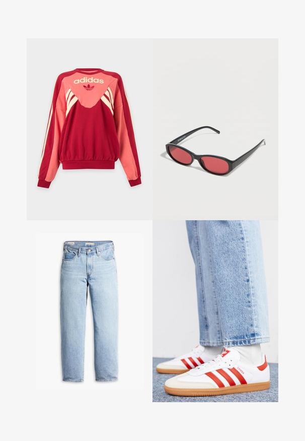 Κόκκινο και ροζ φούτερ Adidas με μακριά μανίκια, κρεμ ρίγες, λογότυπο και σύμβολο τριφυλλιού μπροστά σε ανοιχτό φόντο.; Ανοιχτό μπλε ψηλόμεσα τζιν παντελόνια με ευθεία γραμμή, θηλιές για ζώνη, εμπρόσθιο κουμπί, φερμουάρ και πέντε τσέπες.; Λευκά δερμάτινα sneakers με κόκκινες ρίγες και λεπτομέρειες. Διαθέτουν υφασμάτινη εξωτερική σόλα από καουτσούκ και ενισχυμένο κολάρο. Φοριούνται με ανοιχτό μπλε τζιν.; Μαύρα οβάλ γυαλιά ηλίου με λεπτούς βραχίονες και κόκκινα φακούς, τοποθετημένα πάνω σε λευκή επιφάνεια.