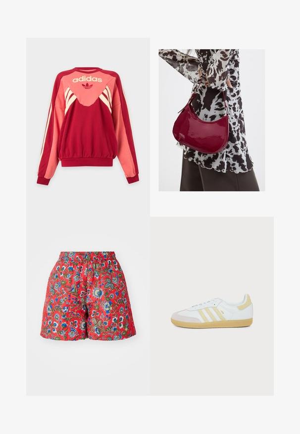 Rotes und pinkfarbenes Adidas Sweatshirt mit langen Ärmeln, cremefarbenen Streifen, Logo und Kleeblatt-Symbol vorne vor hellem Hintergrund.; Rote Blumen-Shorts mit elastischem Bund. Verfügt über blau- und grün gepunktete Blumenmuster, glatte Textur und eine lockere Passform.; Weißer Adidas Samba Sneaker mit beigen Wildleder-Akzenten, drei strukturierten Streifen und Gummisohle, von der Seite auf weißem Hintergrund gezeigt.; Frau trägt eine schwarz-weiß gemusterte Bluse und hält eine glänzende rote Schultertasche vor einem einfarbigen Hintergrund.