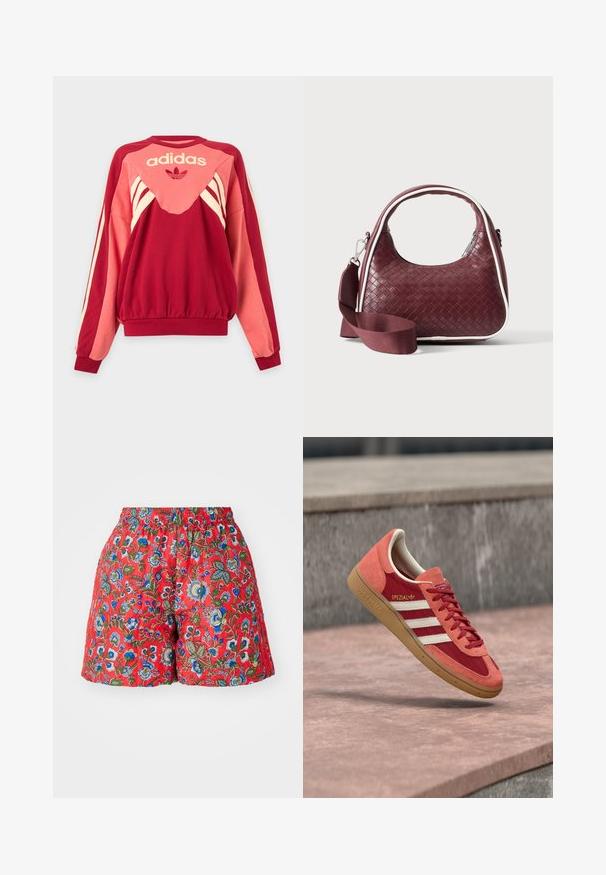Červená a ružová mikina Adidas s dlhými rukávmi, krémovými pruhmi, logom a symbolom trojlístka na prednej strane na svetlom pozadí.; Červené kvetinové šortky s elastickým pásom. Obsahujú modré a zelené vzory kvetov, hladký povrch a voľný strih.; Červená a oranžová teniska Adidas Spezial s bielymi pruhmi a gumovou podrážkou, ktorá pláva nad betónovým povrchom a schodmi v pozadí.; Vínová tkaná kožená kabelka s oblým držadlom, bielym lemom, strieborným zipsom a odnímateľným širokým látkovým ramenným popruhom na jednofarebnom pozadí.