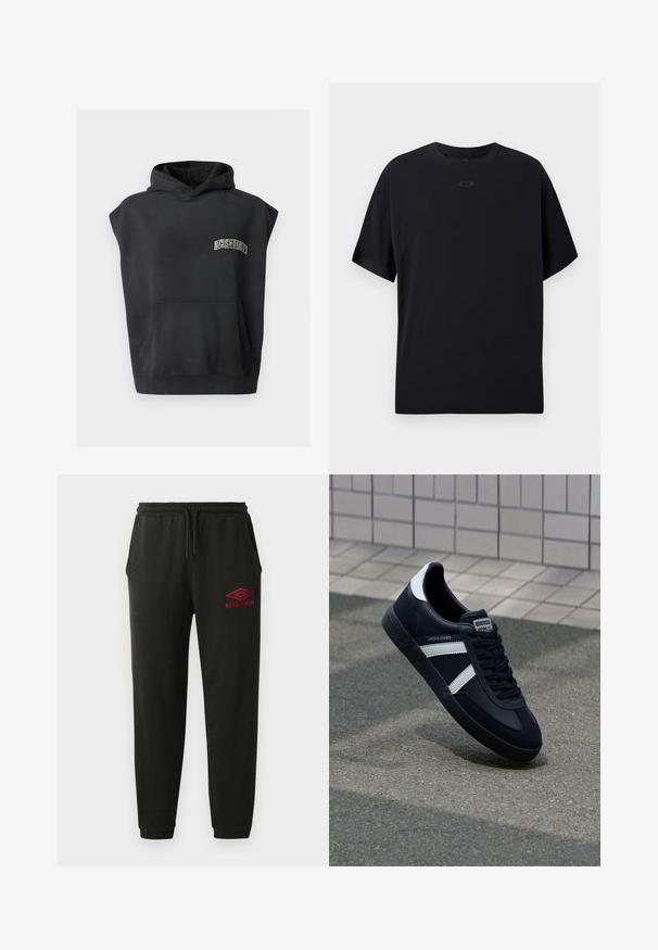 Sudadera negra sin mangas con capucha, bolsillo delantero tipo canguro y pequeño logo "DC SHOE CO" en el pecho.; Camiseta negra de manga corta hecha de tejido ligero, con cuello redondo, mangas raglán y un sutil logo en el pecho.; Pantalones de chándal negros con cintura y puños elásticos, bolsillos laterales y logo rojo de Umbro en el muslo izquierdo.; Zapatilla de cuero negra con rayas blancas, suela de goma texturizada y parte frontal con cordones. Cuenta con una etiqueta de marca en la lengüeta.