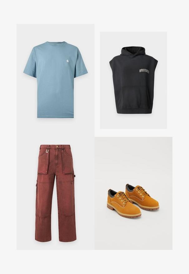 Schwarzes ärmelloses Kapuzensweatshirt mit Tasche vorne und kleinem "DC SHOE CO"-Logo auf der Brust.; Hellblaues T-Shirt mit kurzen Ärmeln und Rundhalsausschnitt sowie einem kleinen weißen Logo auf der linken Brust, präsentiert vor einem schlichten Hintergrund.; Ziegelfarbene Cargo-Hose mit geradem Bein, großen Fronttaschen, Knieabnähern, Gürtelschlaufen, einem Metall-Schlüsselring und Knopfverschluss.; Braune Wildlederschuhe mit einer runden Zehenpartie, gelben Schnürsenkeln, einem gepolsterten schwarzen Kragen und Gummisohlen mit Rillen für besseren Halt.