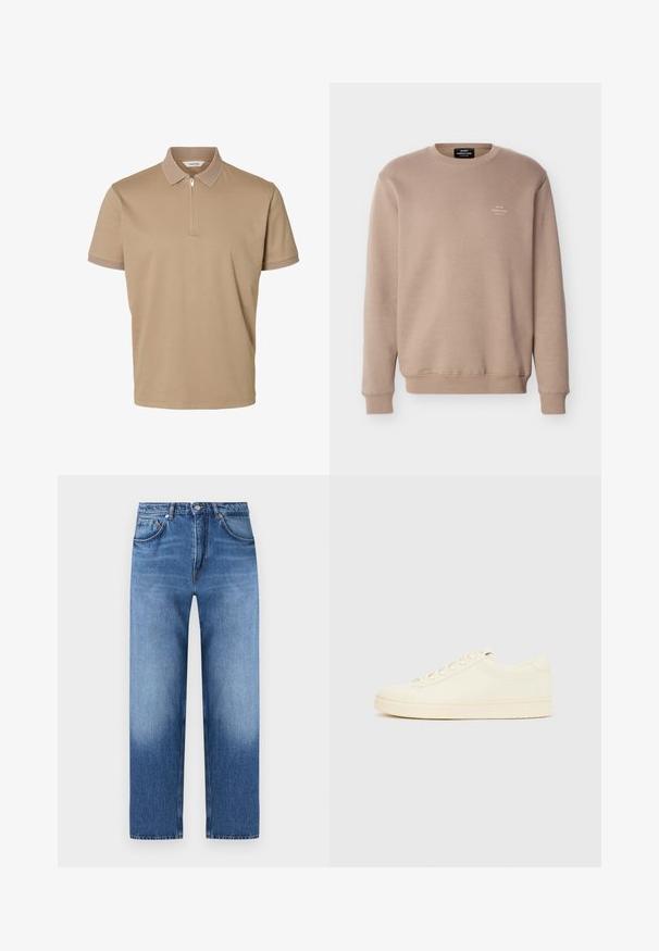 Sweat-shirt beige à col rond avec manches longues, poignets et ourlet côtelés, et petit logo blanc "Mads Nørgaard Copenhagen" sur le côté gauche de la poitrine.; Polo beige à manches courtes avec col et poignets texturés, fermeture éclair devant sur la moitié et une étiquette « Selected » à l'intérieur du col.; Jean en denim bleu à jambes droites avec un design classique à cinq poches et une fermeture à boutons, présentant des détails subtilement délavés sur les cuisses et les genoux.; Baskets couleur crème avec une tige en cuir lisse, bout arrondi, laçage à l'avant et semelle en caoutchouc texturée. Design minimaliste, sans logo.
