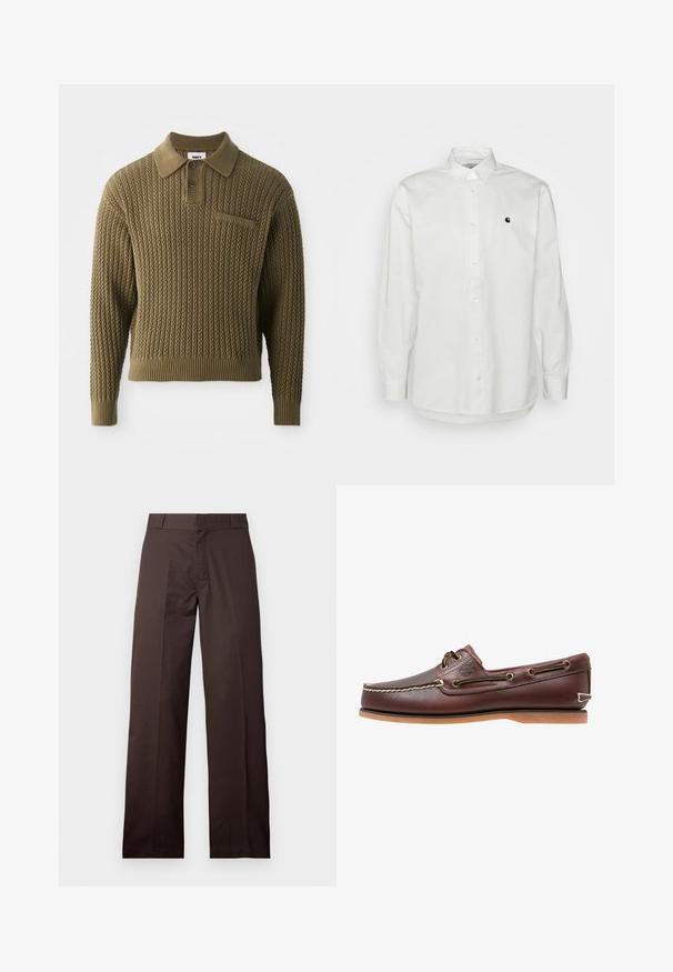 Pull tricoté en vert olive avec un motif texturé, un col et une patte de boutonnage à trois boutons. Présente des poignets et un ourlet côtelés.; Chemise blanche à manches longues avec boutons en coton, présentant un petit logo noir sur la poitrine gauche, et un col classique avec accents de bouton.; Pantalon marron droit avec passants de ceinture et fermeture éclair à l'avant, présenté sur un fond clair uni.; Chaussure bateau en cuir marron avec coutures blanches, détails de lacets et semelle en caoutchouc beige, vue de côté sur fond blanc.