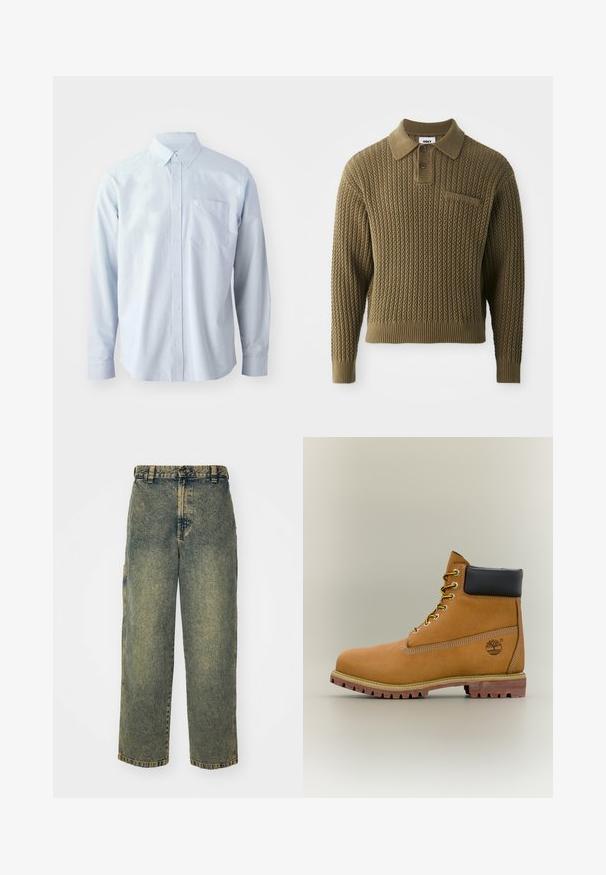 Strickpullover in Olivgrün mit strukturierter Musterung, Kragenhals und einer Drei-Knopf-Leiste. Mit gerippten Bündchen und Saum.; Helles blaues Langarmhemd aus Baumwolle. Verfügt über einen Button-Down-Kragen, Frontknöpfe und eine Brusttasche auf der linken Seite.; Baggy-Jeans aus Denim in einer verblassten Blauen und Grünen Waschung. Mit Knopfverschluss, Gürtelschlaufen und Seitentaschen. Flaches Vorderteil und gerades Bein-Design.; Brauner Leder-Stiefelette mit schwarzem Kragen, gelben Schnürsenkeln und hellbrauner Sohle. Verfügt über ein Logo und weiße Ziernähe. Robuste Profilsohle.
