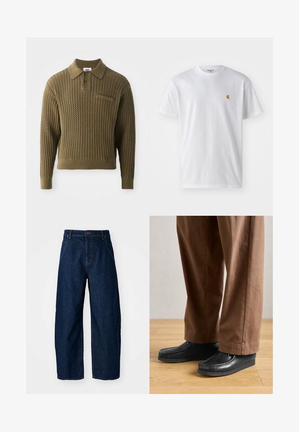 Suéter de punto en color verde oliva con un patrón texturizado, cuello con solapa y una tapeta de tres botones. Presenta puños y dobladillo de canalé.; Camiseta de algodón blanca con mangas cortas, cuello redondo, que presenta un pequeño logo dorado en la parte izquierda del pecho. Textura suave y corte regular.; Vaqueros de mezclilla oscuros de pierna ancha con cintura alta, que cuentan con cinco bolsillos, cierre frontal con botones y detalles de costura visibles.; Zapatos de cuero negros con diseño de mocasín y detalles de costura, combinados con pantalones marrones, sobre un suelo de madera.