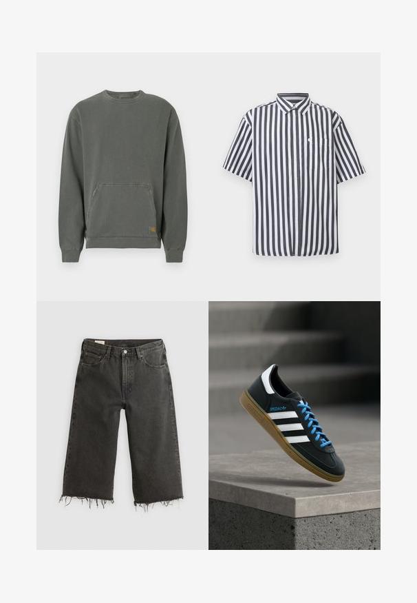 Grå, langærmet sweatshirt lavet af bomuld, med rund hals, frontlomme, ribbede manchetter og et lille logoemblem ved kanten.; Herre kortærmet skjorte med sort-hvide lodrette striber og brystlomme på ensfarvet baggrund.; Sorte jeans med rå kant og vid ben, lavet af denim, og med fem lommer samt metalknaplukning. Texturen er en smule grov.; Sort Adidas sneaker med hvide striber, blå snørebånd og gummisål, der svæver over gråt betontrin i blødt lys.