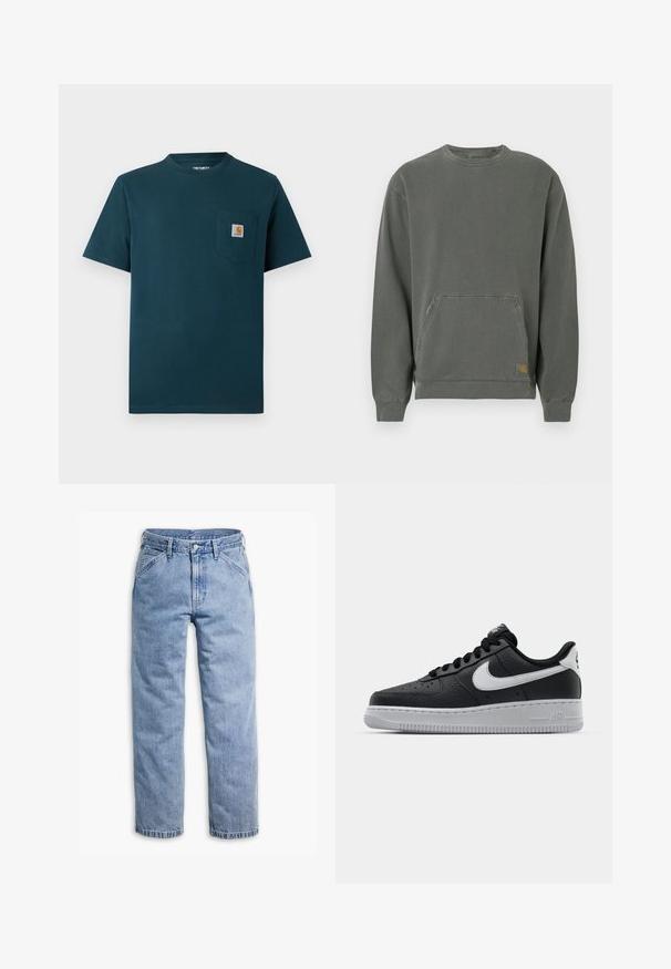 Grijze, lange mouw sweatshirt van katoen, met een ronde hals, buikzak, geribbelde manchetten en een klein logopatchje aan de zoom.; Donkerblauwe T-shirt met korte mouwen en ronde hals, voorzien van een borstzakje met een klein Carhartt-logo patch.; Lichtblauwe denim jeans met rechte pijpen, voorste knoop- en ritssluiting, riemlussen en schuine voorzakken.; Zwarte lederen sneaker met een textuur oppervlak, witte Nike swoosh, grijze zool, ronde neus en vetersluiting. Bevat perforaties op de neus.