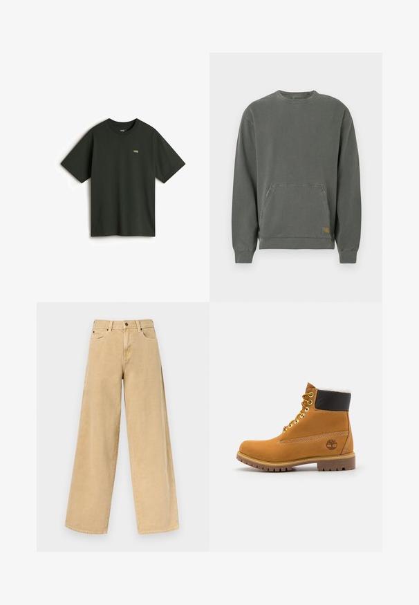 Grå, langærmet sweatshirt lavet af bomuld, med rund hals, frontlomme, ribbede manchetter og et lille logoemblem ved kanten.; Vans T-shirts basic - dark green; Beige, højttaljede bukser med vide ben, forrest med knap og lynlås, bæltestropper og forlommer på en ensfarvet baggrund.; Brune læder ankelstøvle med metaløjer, hvid pelsforing, sort polstret krave, robust sål og præget logo på siden.