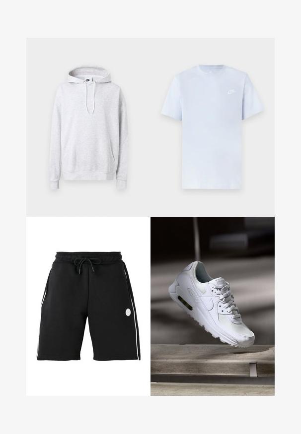 Sudadera gris hecha de una suave mezcla de algodón. Cuenta con mangas largas, un bolsillo tipo canguro en la parte delantera, capucha con cordón y un pequeño logo en el pecho.; Camiseta de algodón de color azul claro con mangas cortas, cuello redondo y un logo blanco de Nike impreso en el pecho izquierdo. Textura suave, diseño sencillo.; Pantalones cortos negros hasta la rodilla con cintura elástica y cordón, rayas blancas verticales en los lados y pequeño logo redondo en el muslo izquierdo.; Zapatilla Nike Air Max 90 blanca con parte superior de malla y cuero, caja de puntera perforada y unidad de aire visible en el talón.