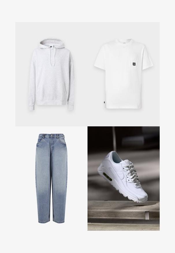 Grå hættetrøje lavet af blødt bomuldsblandingsstof. Har lange ærmer, en frontkangaroo lomme, snøre i hætten og et lille logo på brystet.; Hvid bomulds T-shirt med rund halsudskæring, korte ærmer og en brystlomme med en sort logopatch. Glat tekstur, løs pasform.; Blå high-waisted løstsiddende jeans med forlommer, bæltestropper, knaplukning og falmede detaljer langs benene.; Hvide lædersneakers med teksturerede overflader, polstret krave og synlig luftpolstring i sålen. Har snørrebånd og et minimalistisk design.