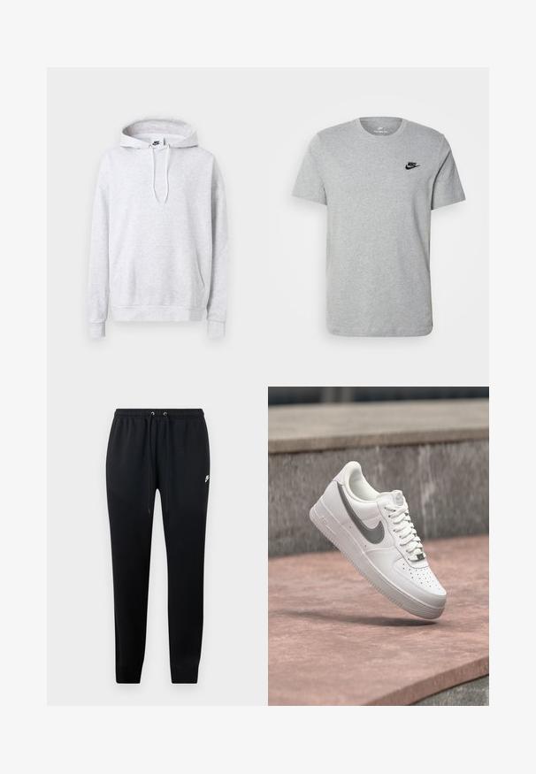 Grå hættetrøje lavet af blødt bomuldsblandingsstof. Har lange ærmer, en frontkangaroo lomme, snøre i hætten og et lille logo på brystet.; Grå kortærmet T-shirt i bomuld med et sort Nike-logo på brystet og rund halsudskæring. Minimalistisk design uden mønstre.; Sorte sweatshirtbukser lavet af blødt stof, med elastisk talje og snoretræk, ribbede ankler og en lille logo-detalje på siden.; Hvid Nike Air Force 1 sneaker med gråt swoosh-logo svævende over en stensurface og en grå stenvæg i baggrunden.