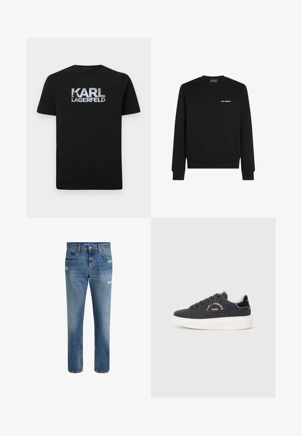 Sort sweatshirt lavet af blødt stof, med rund halsudskæring, ribbede manchetter og et lille hvidt "KARL LAGERFELD" logo på brystet.; Sort bomuld t-shirt med et sølvfarvet print af logoet "KARL LAGERFELD" og en stiliseret silhuet. Korte ærmer og rund halsudskæring.; Lyseblå denimjeans med lige pasform, der har subtile falmninger og slidte detaljer. Inkluderer knaplukning og fem lommer.; Mørkegrå suede sneakers med hvide gummisåler, der har dekorativ syning og et logo på siden. Glatte sorte accenter på hælen.