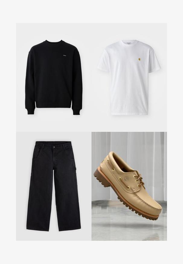 Sweatshirt noir en mélange de coton avec col rond, poignets et ourlet côtelés, avec un petit logo sur la poitrine.; T-shirt en coton blanc à manches courtes, col rond, avec un petit logo doré sur la poitrine gauche. Texture douce et coupe régulière.; Pantalon de travail noir à jambes larges avec passants de ceinture, poches avant et fermeture par bouton, présenté sur un fond clair uni.; Chaussure bateau en cuir marron clair avec semelle épaisse et striée et détails de lacets, flottant au-dessus d'un sol en marbre et d'un fond de stores verticaux blancs.