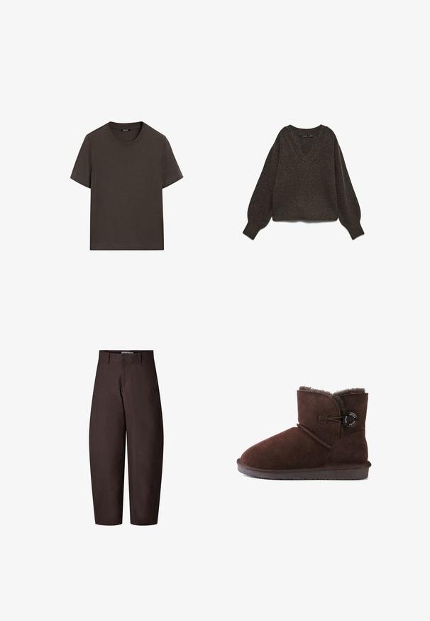 Pull en maille épaisse marron avec un col en V, des manches larges et un ourlet côtelé. Texture douce, coupe courte, idéal pour le superposé.; T-shirt à manches courtes marron foncé en coton. Il possède un col rond et une coupe décontractée, sans motifs ni accents visibles.; Pantalon marron taille haute, jambes larges et raccourci, avec passants de ceinture et fermeture éclair à l'avant, présenté de face sur un fond blanc.; Bottines en suède marron avec un bout rond, doublure en fourrure douce et un accent de bouton décoratif sur le côté. Semelle en caoutchouc robuste.