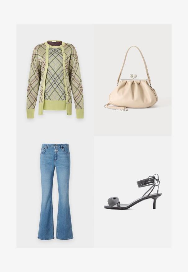 Rabanne Trui - almond; CLOSED JOVANNA - Bootcut jeans - light blue; Grijze leren sandaal met hak, voorzien van een geknoopte band bij de tenen en wikkellinten rond de enkel op een slanke sandaal met een middenhoge hak, tegen een witte achtergrond.; Beige zachte leren handtas met een zilveren metalen frame sluiting, een enkele schouderriem en een optionele kettingriem op een witte achtergrond.