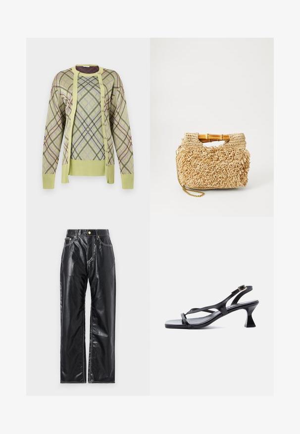 Rabanne Strickpullover - almond; Schwarze Kunstlederhosen mit weitem Schnitt, ausgestattet mit weißen Nähten, frontalen Taschen und einem goldenen Knopf am Bund.; Schwarze Ledersandale für Damen mit dünnen Riemen, quadratischer Spitze, verstellbarer Schnalle am Knöchel und ausgestelltem, mittelhohem Absatz.; Geflochtene Strohtasche mit Bambusgriffen, ausgestattet mit einem strukturierten Fransen-Design in natürlichem Beige und einem goldenen Kettenriemen.