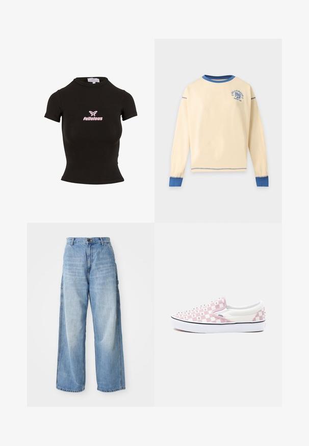 Crèmekleurig longsleeve shirt met ronde hals, blauwe kraag, manchetten en stiksels, met een klein blauw palmboomlogo op de linkerborst.; Zwarte korte mouwen crop top gemaakt van rekbaar materiaal. Heeft een roze "felicious" logo en een vlinderafbeelding op de voorkant.; Lichtblauwe wijde jeans met een hoge taille, voorzien van zijzakken en een vervaagde textuur, vervaardigd uit denim materiaal.; Instap-sneaker met een roze-witte dambordpatroon, zilveren studs, witte zool en Vans-logo op het zijkantpaneel.