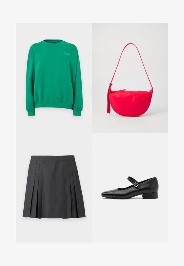 Grøn crewneck sweatshirt med ribstrikkede ærmeafslutninger og kant, med lille "Brooklyn gallery" tekst på øverste venstre bryst.; ONLY ONLMARION PLEAT SKIRT - Mini skirts - dark grey melange; Sorte læder Mary Jane-sko med en patenttå, justerbar ankelrem og lav blokhæl. Glat tekstur og strømlinet design.; Rød læder skuldertaske med en buet form, en lynlåslukning og en tynd justerbar rem. Glat tekstur med syningsdetaljer.