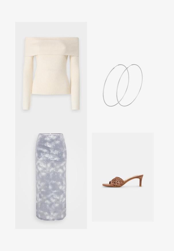 Off-shoulder, geribbelde gebreide trui in crème. Heeft lange mouwen en een getailleerde pasvorm, met een zachte textuur en een subtiele glans.; Grijze midi-rok van ribbelstof met een wolkpatroon en pailletten. Het heeft een strakke pasvorm en een soepele zoom.; Bruine open-teen mule sandaal met geweven leren bovenzijde en een taps toelopende hak van gemiddelde hoogte, op een witte achtergrond.; Zilveren hoepel oorbellen met een minimalistisch ontwerp. Cirkelvormig, gladde textuur en dun profiel. Lichtgewicht met een gepolijste afwerking.
