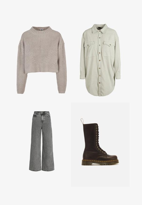 Suéter corto de punto grueso beige con mangas largas y cuello redondo y puños acanalados.; Camisa de pana verde claro con dos bolsillos en el pecho, cierre de botones y cuello con solapa. Cuenta con mangas largas y un dobladillo curvado.; Vaqueros de mezclilla gris de tiro alto con pierna ancha, cierre frontal con botones y cremallera, y diseño de cinco bolsillos.; Bota alta de cuero marrón oscuro con cordones, costuras amarillas, suela gruesa con estrías y asa trasera.