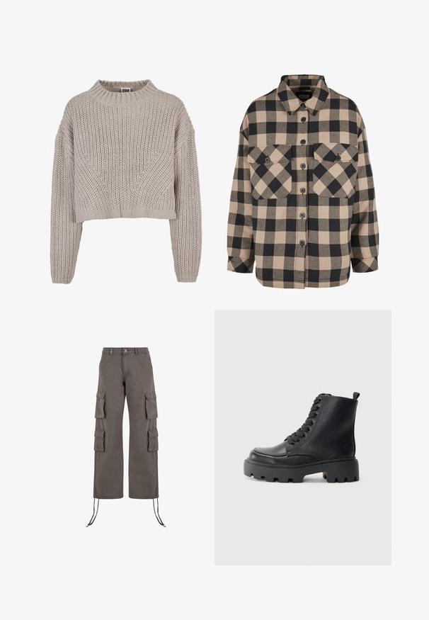 Beige chunky strikket cropped sweater med lange ærmer og ribbet rund halsudskæring samt manchetter.; Rutet flannel skjorte i beige og mørkegrå. Har en knap-ned front, to brystlommer og en nedfoldet krave. Løs pasform.; Cargo bukser i mørkegrå, lavet af kraftigt stof. Har seks lommer, brede ben og justerbare snore i kanten.; Sort læderkampstøvle med tykk lugsål, rund tå, bagpulltab og snørebånd foran på en ensfarvet lys grå baggrund.