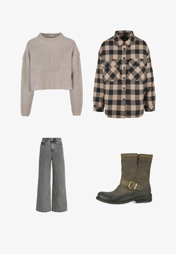 Beige grof gebreide cropped trui met lange mouwen en geribbelde ronde hals en manchetten.; Geruite flanellen shirt in beige en donkergrijs. Heeft een knoopsluiting aan de voorkant, twee borstzakken en een omgeslagen kraag. Losse pasvorm.; Grijze denim jeans met hoge taille, wijde pijpen, voorste knoopsluiting, ritssluiting en ontwerp met vijf zakken.; Bruine leren enkellaars met een gebogen neus, een gespsaccent en een uitsnijd ontwerp aan de bovenkant. Gevarieerde afwerking met een lage gestapelde hak.