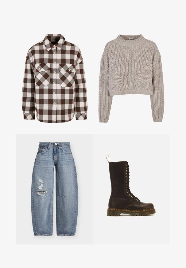 Beige chunky strikket cropped sweater med lange ærmer og ribbet rund halsudskæring samt manchetter.; Brun og hvid plaid knap-op skjorte med to brystlommer, der har en klassisk krave og knap-ned foran. Blød stofstruktur.; Blå denim jeans med vide ben, høj talje og slidte revner på venstre lår, med forlommer og bæltestropper.; Høj mørkebrun læder snørestøvle med gule syninger, tyk rillede sål og trækstrop bagpå.