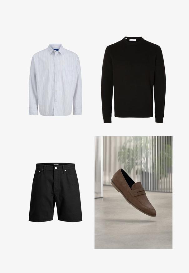Pull en maille noir à manches longues, col rond, avec poignets et bas côtelés, présenté sur un fond blanc uni.; Chemise blanche à manches longues, à boutons, avec de fines rayures verticales rouges, une poche poitrine, un col et des poignets boutons.; Short en jean noir avec poches avant, passants pour ceinture, fermeture à boutons, et une étiquette Jack & Jones sur la ceinture intérieure.; Mocassins en daim marron avec une finition lisse, des détails cousus, et un design à bout rond. Semelle surélevée et style sans lacets.
