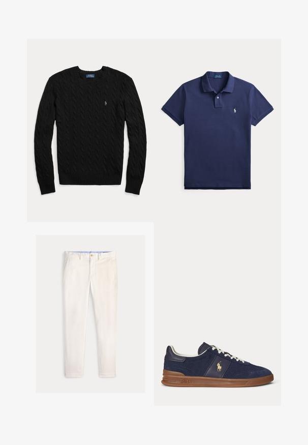 Zwarte kabelgebreide trui met ronde hals, lange mouwen en klein geborduurd logo op de linkerborst.; Navyblauw poloshirt met korte mouwen, een kraag, twee knopen en een klein wit geborduurd logo op de linkerborst.; Slim-fit herensbroek in off-white met voorzakken, riemlussen en een knoopsluiting op een effen achtergrond.; Marineblauwe lage sneaker met witte veters, bruine zool en Polo-spelerlogo aan de zijkant, gezien van links.