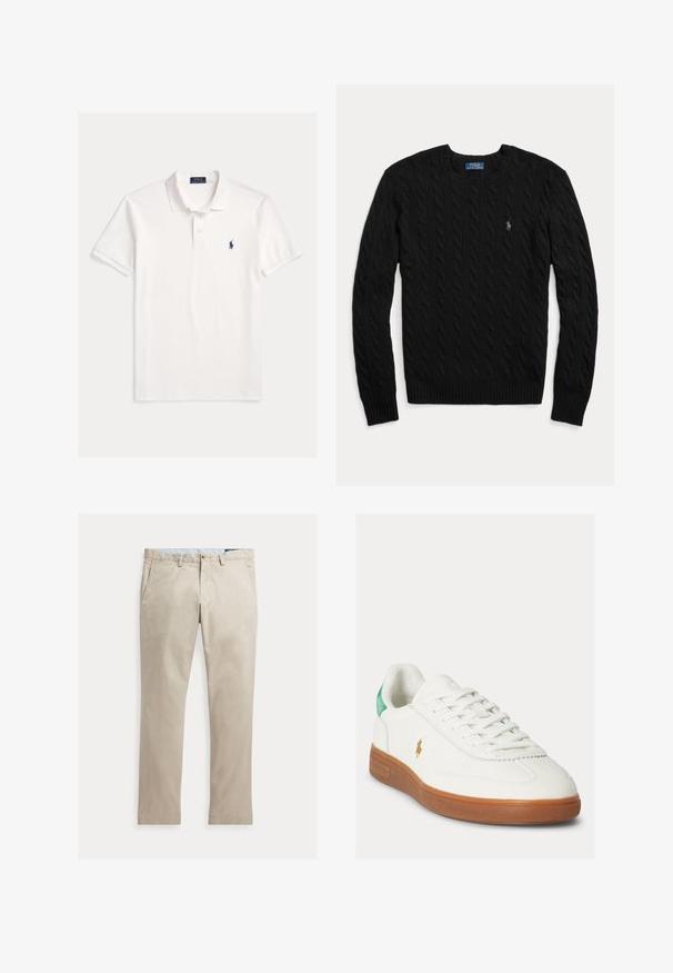 Schwarzer, kabelgestrickter Pullover mit Rundhalsausschnitt, langen Ärmeln und kleinem besticktem Logo auf der linken Brust.; Weißes Polo Ralph Lauren Kurzarmhemd mit Kragen, Zweiknopfleiste und kleinem dunkelblau besticktem Pferdelogo auf der linken Brust.; Beige Baumwollhose mit geradem Bein, Fronttaschen, Gürtelschlaufen, Knopfverschluss und Reißverschluss, flach auf weißem Hintergrund dargestellt.; Weißer Schnürsneaker mit brauner Gummisohle, grünem Fersenlasche und kleinem goldfarbenem Polo-Spieler-Logo an der Außenseite.