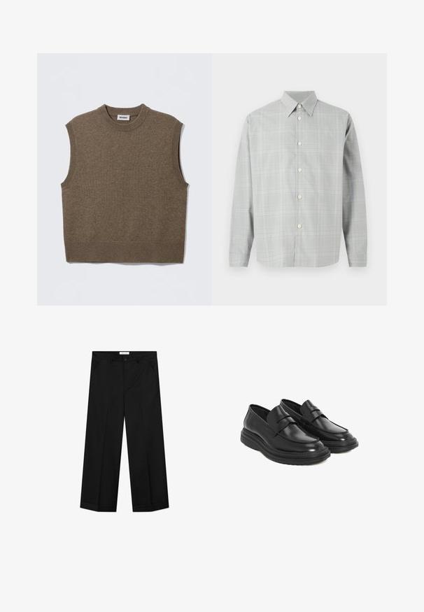 Brauner, ärmelloser Strickpullover mit rundem Ausschnitt, gerippten Kanten und weicher Textur; Etikett trägt die Aufschrift "WEEKDAY."; Graues Langarmshirt mit leicht kariertem Muster, Knopfverschluss, spitzem Kragen und glatter Stoffbeschaffenheit.; Schwarze Hosen mit weitem Bein aus glattem Material, mit Vordertaschen, einem Knopfverschluss und einer Bügelfalte an jedem Bein.; Schwarze Lederloafer mit runder Spitze, gesteppten Details und einer Plattform aus Gummi. Verfügt über einen dekorativen Riemen über dem Vorderblatt.