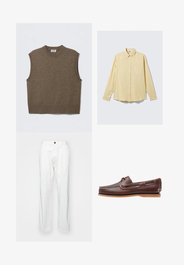 Pull sans manches marron en maille avec un col rond, des bords côtelés et une texture douce ; étiquette indiquant "WEEKDAY".; Chemise jaune à manches longues boutonnée en tissu texturé, avec une poche poitrine, un col pointu et un ourlet arrondi. Étiquette de la marque visible.; Pantalons en coton blanc avec une coupe décontractée, dotés d'une fermeture à bouton, de deux plis à l'avant et de poches latérales. Texture lisse, sans motifs.; Chaussure bateau en cuir marron avec coutures blanches, détails de lacets et semelle en caoutchouc beige, vue de côté sur fond blanc.