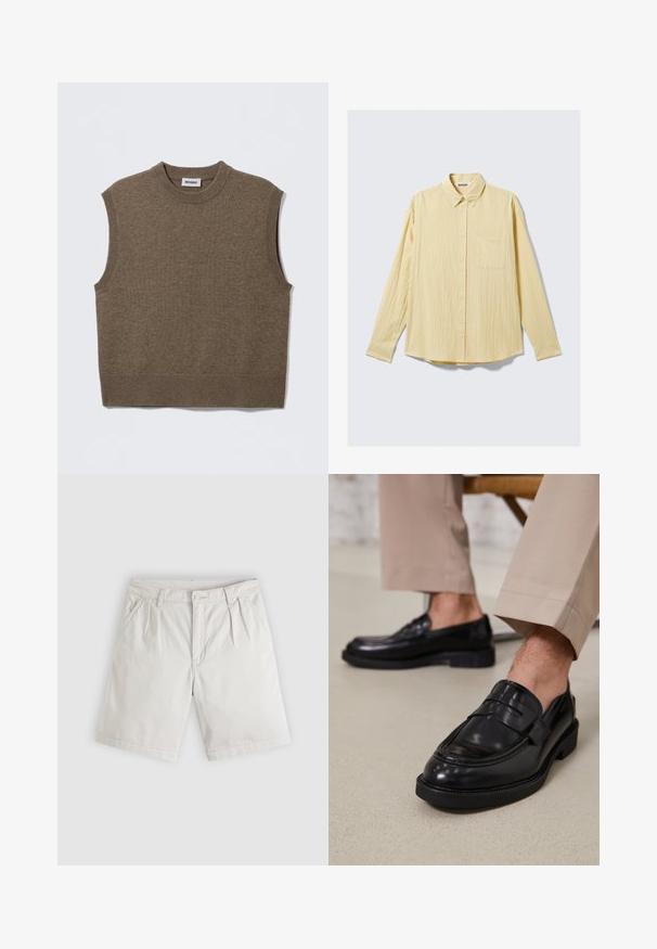 Pull sans manches marron en maille avec un col rond, des bords côtelés et une texture douce ; étiquette indiquant "WEEKDAY".; Chemise jaune à manches longues boutonnée en tissu texturé, avec une poche poitrine, un col pointu et un ourlet arrondi. Étiquette de la marque visible.; Shorts beige clair longueur genou avec plis à l'avant, poches latérales, passants pour ceinture et fermeture à bouton sur un fond gris clair.; Mocassins en cuir noir avec une finition lisse, ornés d'une sangle décorative et de coutures contrastées, associés à un pantalon beige.