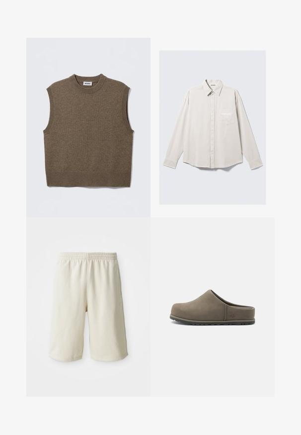 Pull sans manches marron en maille avec un col rond, des bords côtelés et une texture douce ; étiquette indiquant "WEEKDAY".; Chemise beige clair à manches longues avec boutons, col classique, poche avant et marquage discret sur la poche en blanc. Tissu à texture lisse.; Shorts de sport beige clair avec une taille élastique, texture lisse et détail de logo discret en bas à gauche. Sans poches.; Sabot en daim marron à enfiler avec bout fermé, semelle rembourrée et talon bas, conçu pour une utilisation décontractée en intérieur et en extérieur.