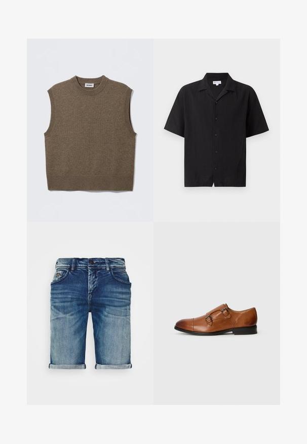 Brun ærmeløs strikket sweater med rund halsudskæring, ribbede kanter og blød tekstur; mærket siger "WEEKDAY".; Sort kortærmet knap-op skjorte med krave, fem knapper foran og lige kant.; Denimshorts i mellemblå med en let slidt finish. Har smalle opsmæk, fem-lommer design og en metalknap lukning.; Brune læder dress sko med dobbelte spænder, rund tå og en glat overflade. Har en slank silhuet med en lav sort hæl.