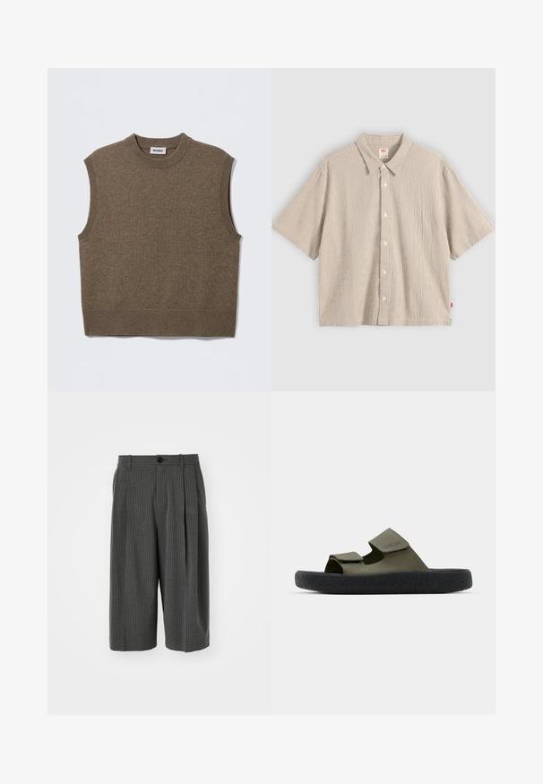 Bruine mouwloze gebreide trui met een ronde halslijn, geribbelde randen en een zachte textuur; het label draagt de tekst "WEEKDAY."; Beige overhem met korte mouwen en knopen, met een klein geruit patroon en een puntige kraag, plat gelegd op een lichte achtergrond.; Grijze pinstriped wijde shorts met een knoopsluiting en geplooide voorkant. Gemaakt van een textiel met structuur, en heeft een tailored ontwerp.; Groene rubberen sandalen met twee verstelbare banden en een gestructureerde zwarte zool met een profielpatroon. Merklogo zichtbaar op de band.