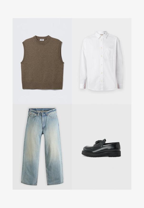 Pull sans manches marron en maille avec un col rond, des bords côtelés et une texture douce ; étiquette indiquant "WEEKDAY".; Chemise blanche à manches longues avec un col et une poche poitrine, présentée sur un fond clair.; Jean denim bleu clair à jambes larges avec une finition délavée. Comprend un design standard à cinq poches et une fermeture à bouton métallique.; Mocassin en cuir noir avec pampilles, semelle épaisse en caoutchouc et talon bas, présenté de profil sur un fond uni.