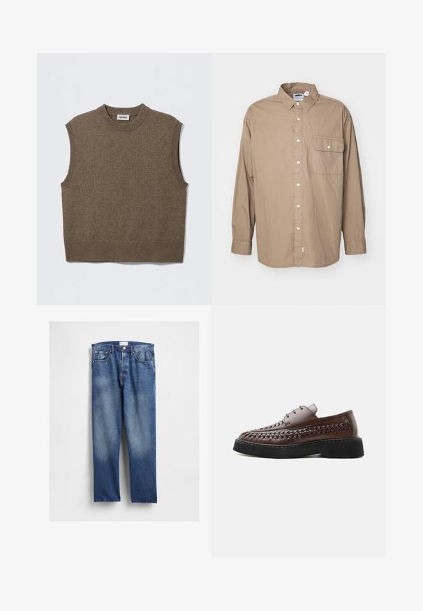 Bruine mouwloze gebreide trui met een ronde halslijn, geribbelde randen en een zachte textuur; het label draagt de tekst "WEEKDAY."; Tanktop met lange mouwen, lichtbruine katoenen stof, knoopsluiting aan de voorkant, enkele borstzak met klep, klassieke kraag, rechte zoom.; Blauwe denim jeans met een rechte pijp, voorzien van vervaging aan de voorkant, klassiek vijfzakkenontwerp en metalen klinknagels bij de zakken.; Bruine leren veterlaars met geweven details langs de zijkanten en een dikke zwarte plateauzool, getoond in profiel op een witte achtergrond.